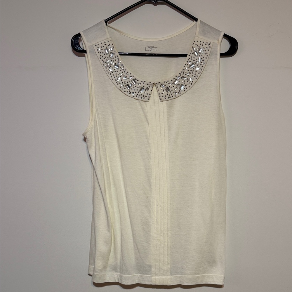 LOFT Ivory Sleeveless Top with Embellished Collar